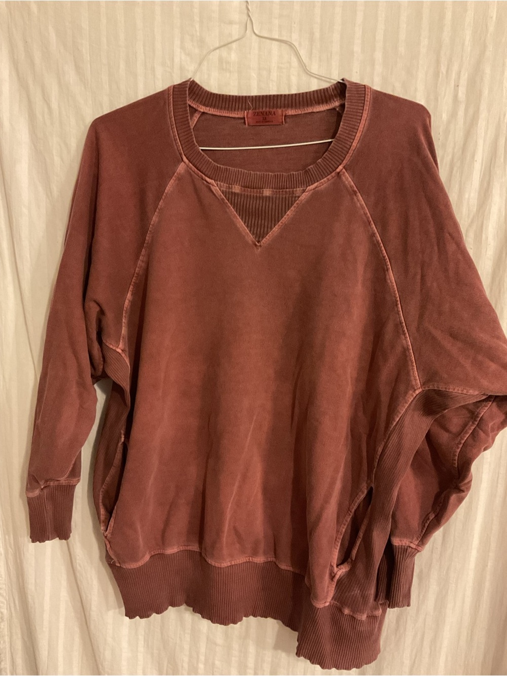 Zenana 1X Acid Washed French Terry Washed Brown Pullover w/Pockets